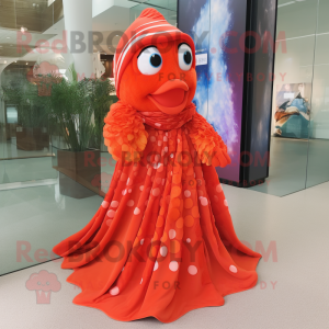 Red Clown Fish mascot costume character dressed with a A-Line Dress and Scarves