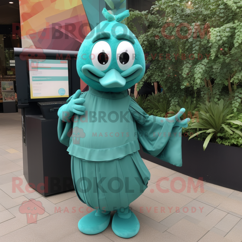 Teal Spinach mascot costume character dressed with a Wrap Skirt and Clutch bags