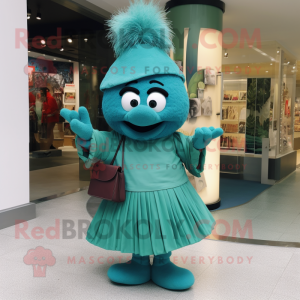 Teal Spinach mascot costume character dressed with a Wrap Skirt and Clutch bags