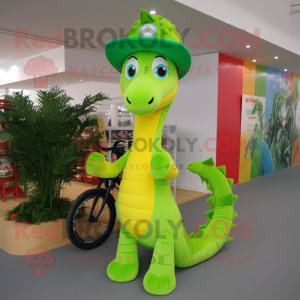 Lime Green Seahorse mascot costume character dressed with a Leggings and Hats