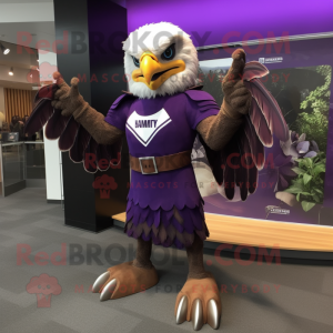 Purple Hawk mascot costume character dressed with a A-Line Dress and Rings