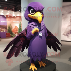 Purple Hawk mascot costume character dressed with a A-Line Dress and Rings