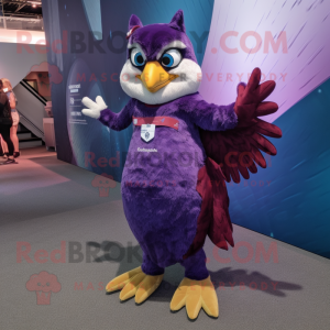 Purple Hawk mascot costume character dressed with a A-Line Dress and Rings