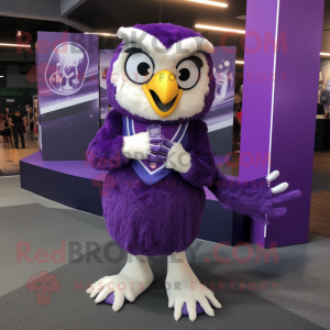 Purple Hawk mascot costume character dressed with a A-Line Dress and Rings