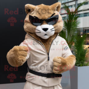 Tan Lynx mascot costume character dressed with a Turtleneck and Belts