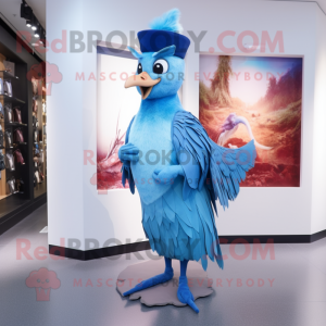 Sky Blue Pheasant mascot costume character dressed with a Evening Gown and Caps