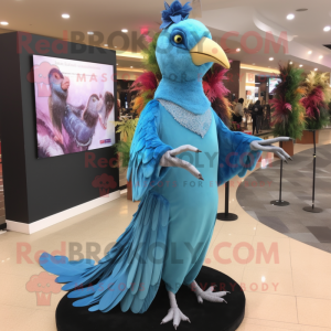 Sky Blue Pheasant mascot costume character dressed with a Evening Gown and Caps