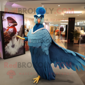 Sky Blue Pheasant mascot costume character dressed with a Evening Gown and Caps