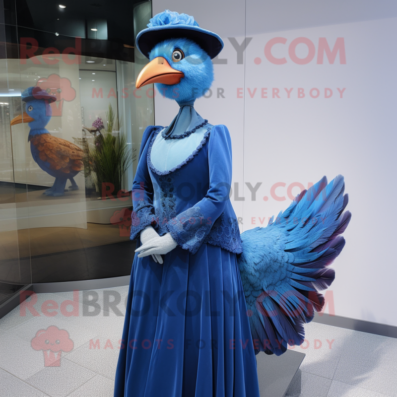 Sky Blue Pheasant mascot costume character dressed with a Evening Gown and Caps