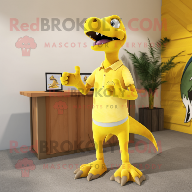 Yellow Dimorphodon mascot costume character dressed with a Polo Shirt and Brooches