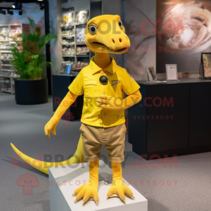 Yellow Dimorphodon mascot costume character dressed with a Polo Shirt and Brooches