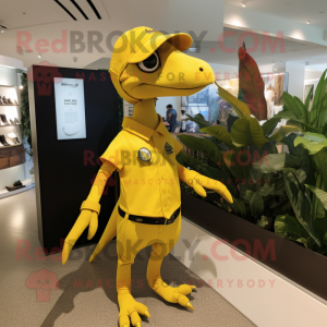 Yellow Dimorphodon mascot costume character dressed with a Polo Shirt and Brooches