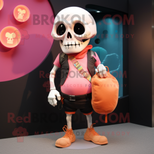 Peach Skull mascot costume character dressed with a Vest and Clutch bags