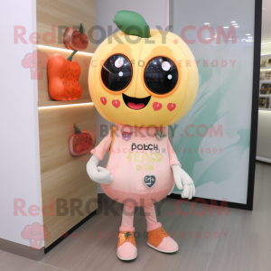Peach Skull mascot costume character dressed with a Vest and Clutch bags