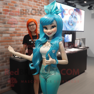 Cyan Mermaid mascot costume character dressed with a V-Neck Tee and Headbands