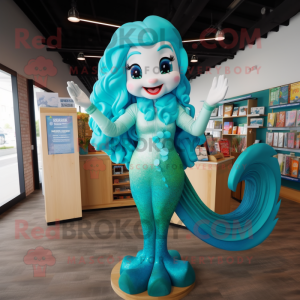 Cyan Mermaid mascot costume character dressed with a V-Neck Tee and Headbands