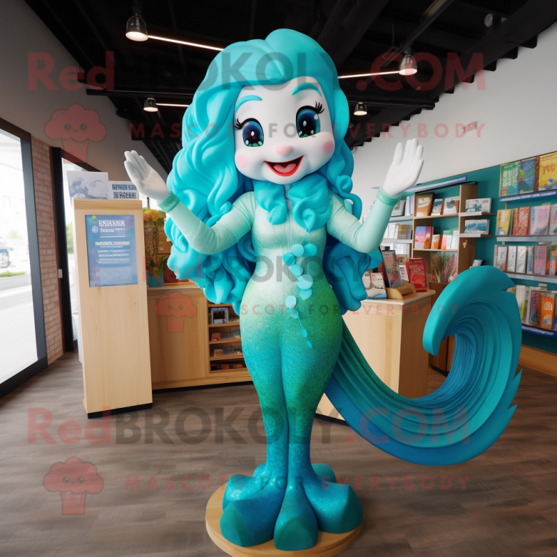 Cyan Mermaid mascot costume character dressed with a V-Neck Tee and Headbands Cyan Mermaid mascot costume character dressed with a V-Neck Tee and Headbands