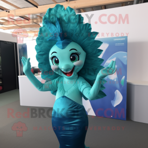 Cyan Mermaid mascot costume character dressed with a V-Neck Tee and Headbands