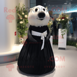 Black Seal mascot costume character dressed with a Wedding Dress and Hair clips
