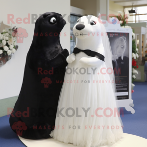 Black Seal mascot costume character dressed with a Wedding Dress and Hair clips