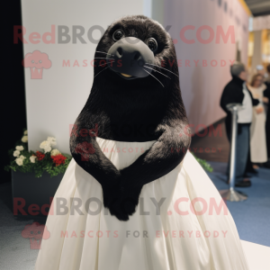 Black Seal mascot costume character dressed with a Wedding Dress and Hair clips