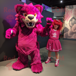 Magenta Saber-Toothed Tiger mascot costume character dressed with a Mini Dress and Hairpins
