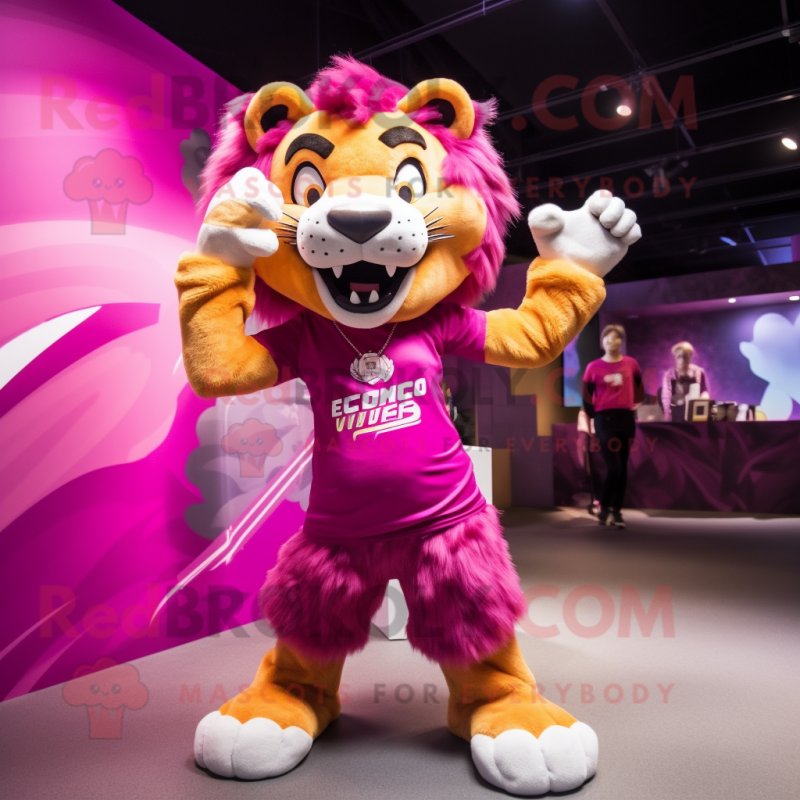 Magenta Saber-Toothed Tiger mascot costume character dressed with a Mini Dress and Hairpins