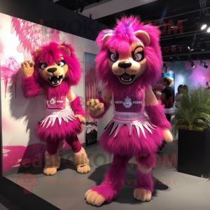 Magenta Saber-Toothed Tiger mascot costume character dressed with a Mini Dress and Hairpins