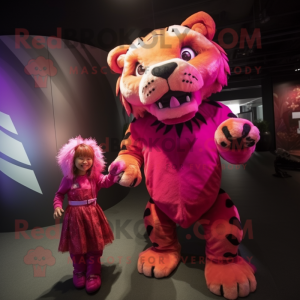 Magenta Saber-Toothed Tiger mascot costume character dressed with a Mini Dress and Hairpins
