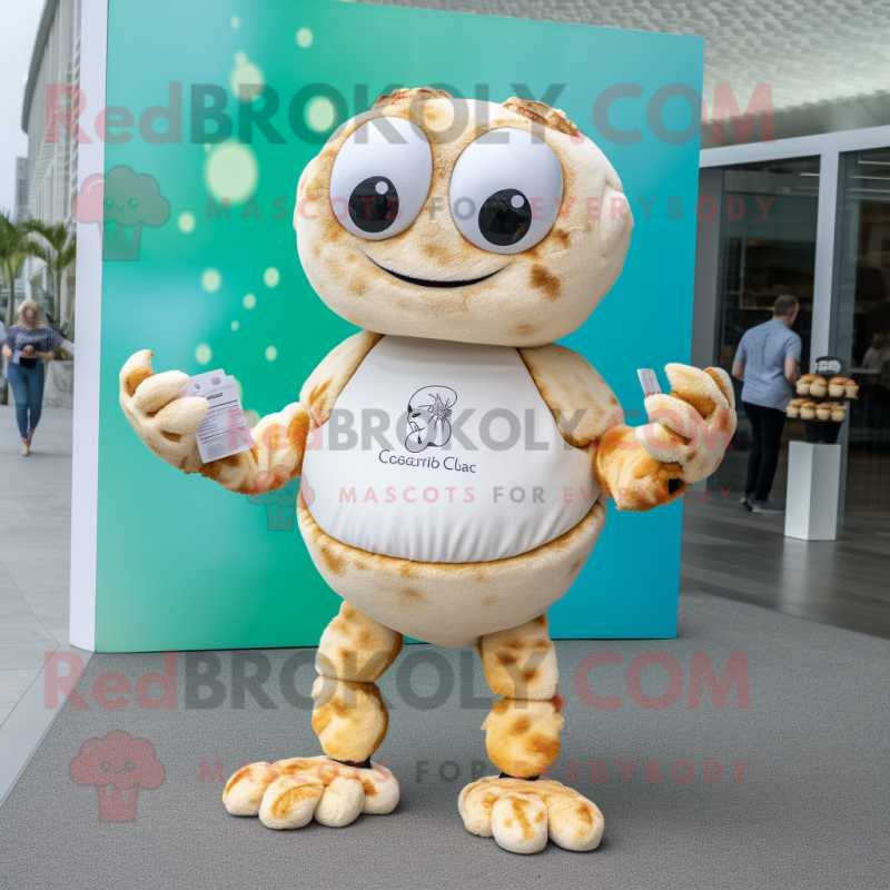 Cream Crab Cakes mascot costume character dressed with a One-Piece Swimsuit and Smartwatches