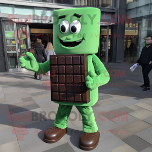 Green Chocolate Bars mascot costume character dressed with a Suit and Foot pads