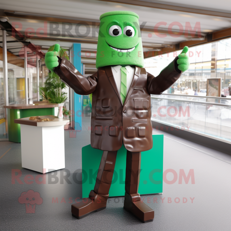 Green Chocolate Bars mascot costume character dressed with a Suit and Foot pads Green Chocolate Bars mascot costume character dressed with a Suit and Foot pads