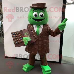 Green Chocolate Bars mascot costume character dressed with a Suit and Foot pads