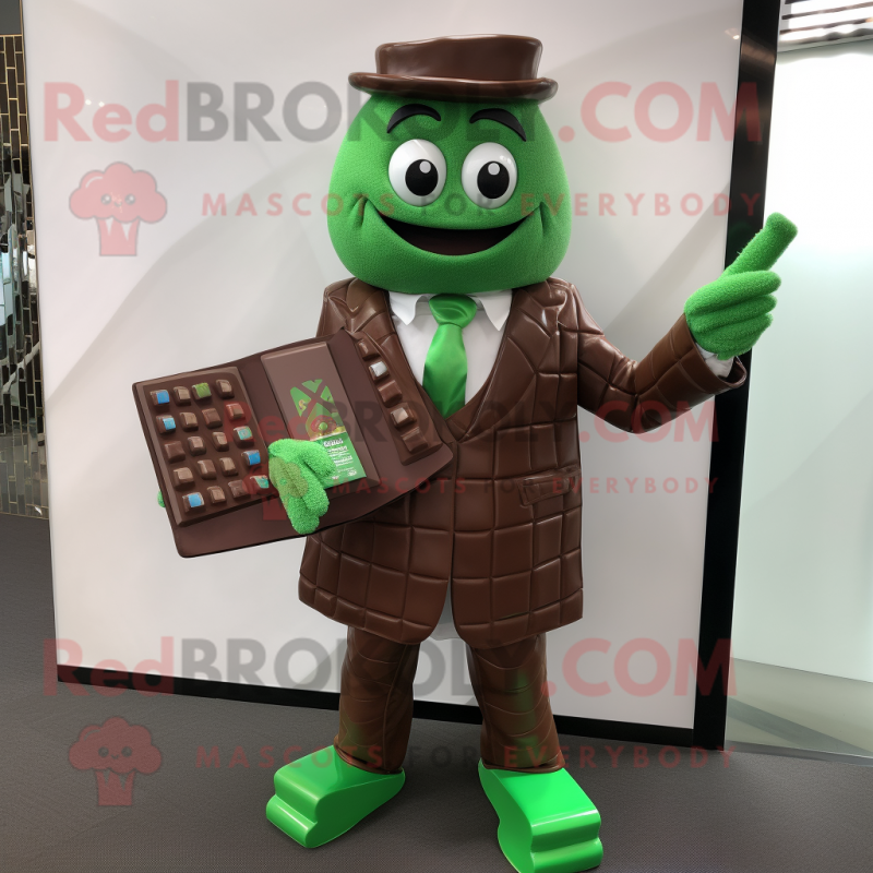 Green Chocolate Bars mascot costume character dressed with a Suit and Foot pads Green Chocolate Bars mascot costume character dressed with a Suit and Foot pads