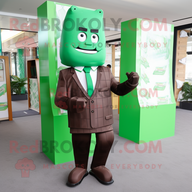 Green Chocolate Bars mascot costume character dressed with a Suit and Foot pads