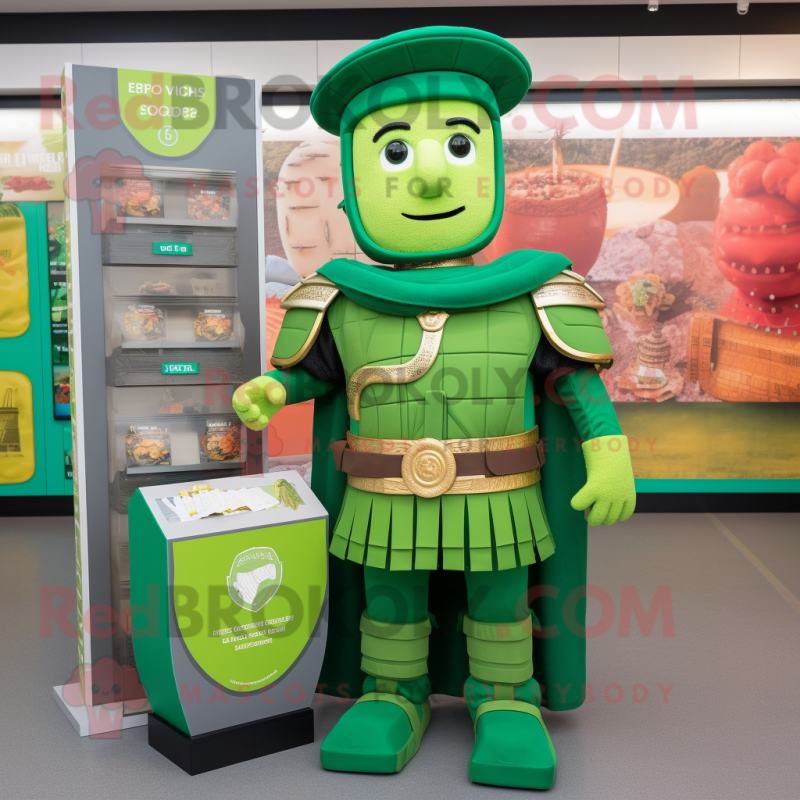 Green Roman Soldier mascot costume character dressed with a Waistcoat and Coin purses