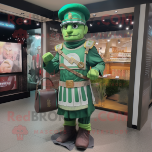 Green Roman Soldier mascot costume character dressed with a Waistcoat and Coin purses