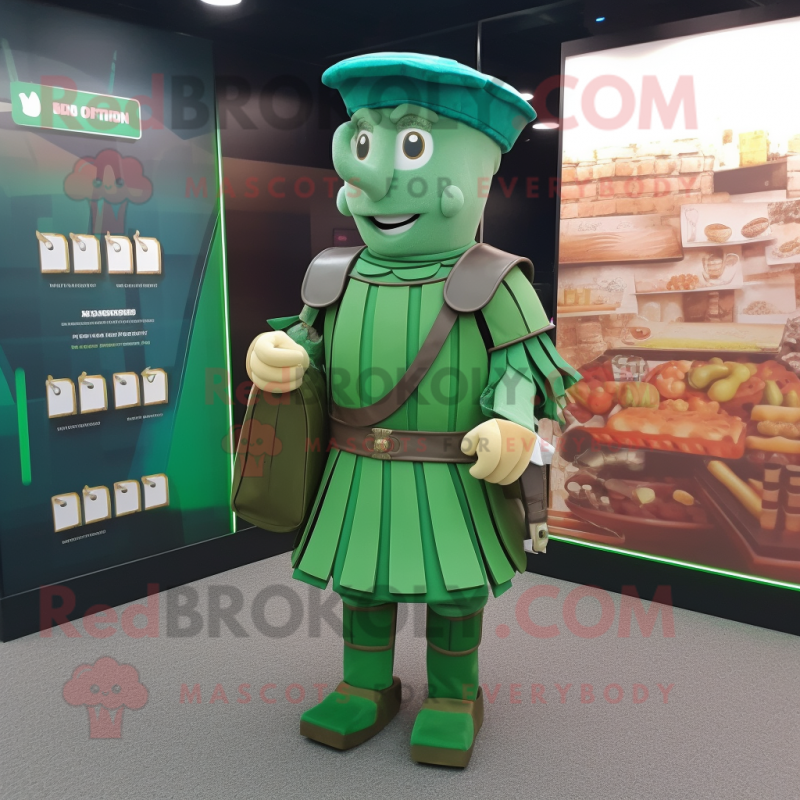 Green Roman Soldier mascot costume character dressed with a Waistcoat and Coin purses