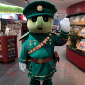 Green Roman Soldier mascot costume character dressed with a Waistcoat and Coin purses