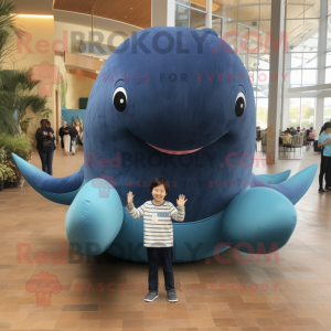 Navy Blue Whale mascot costume character dressed with a Corduroy Pants and Foot pads