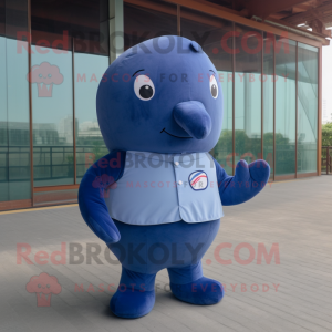Navy Blue Whale mascot costume character dressed with a Corduroy Pants and Foot pads