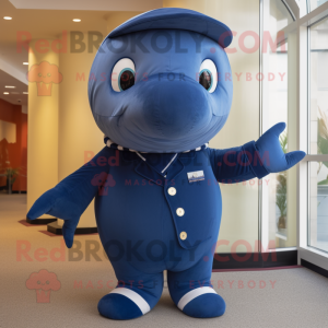 Navy Blue Whale mascot costume character dressed with a Corduroy Pants and Foot pads
