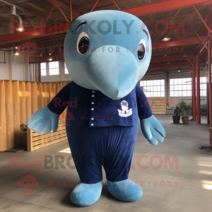 Navy Blue Whale mascot costume character dressed with a Corduroy Pants and Foot pads