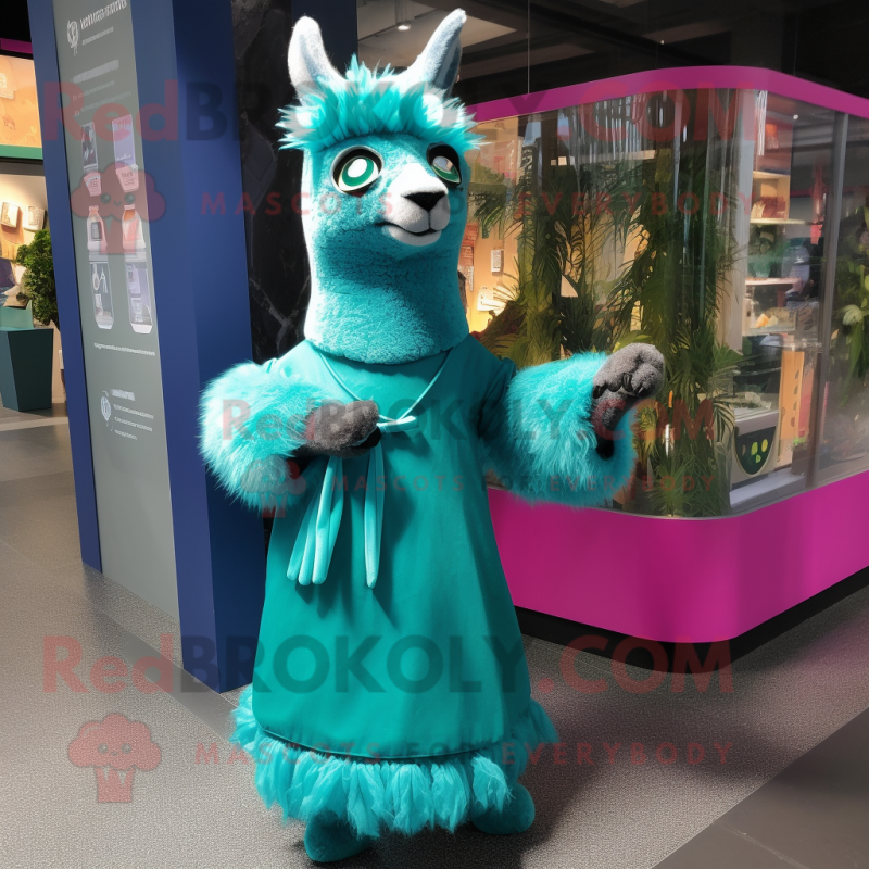 Teal Llama mascot costume character dressed with a Skirt and Cummerbunds