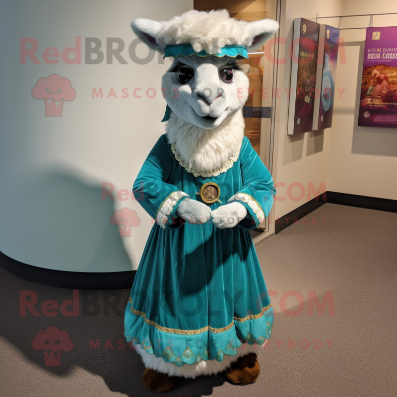 Teal Llama mascot costume character dressed with a Skirt and Cummerbunds Teal Llama mascot costume character dressed with a Skirt and Cummerbunds