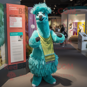 Teal Llama mascot costume character dressed with a Skirt and Cummerbunds