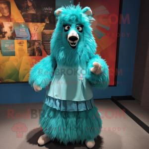 Teal Llama mascot costume character dressed with a Skirt and Cummerbunds