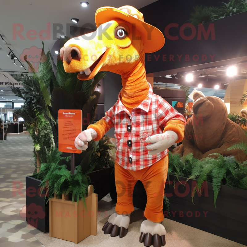 Orange Parasaurolophus mascot costume character dressed with a Flannel Shirt and Brooches