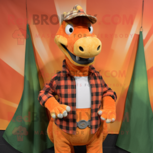 Orange Parasaurolophus mascot costume character dressed with a Flannel Shirt and Brooches