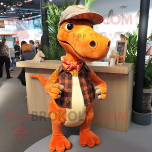 Orange Parasaurolophus mascot costume character dressed with a Flannel Shirt and Brooches
